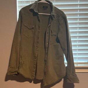 Zara Olive Green Distressed Button-Up Shirt